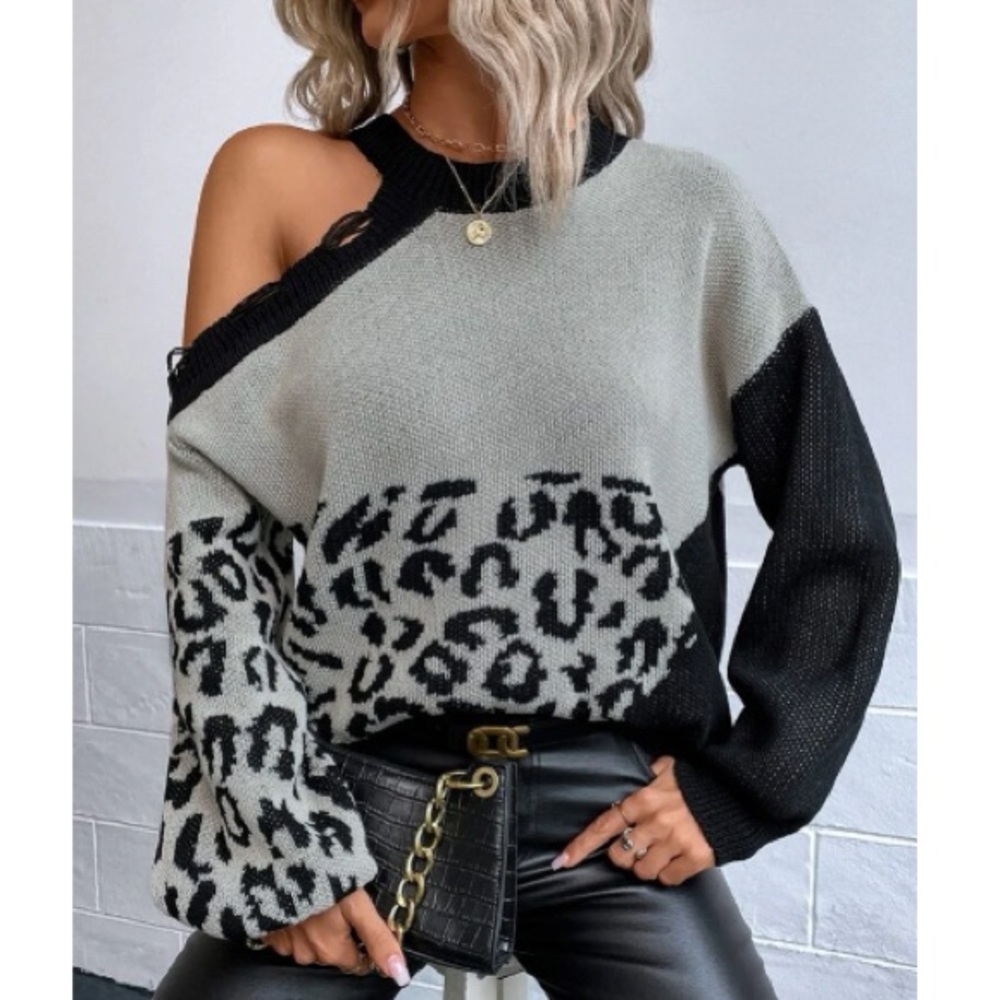 Sexy leopard print color block cold shoulder distressed sweater top